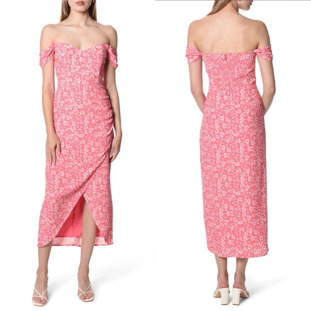 Wayf Pink Floral Off-Shoulder Midi Dress